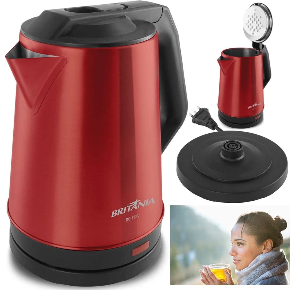 Chaleira Elétrica Jarra Garrafa Bule Britânia BCH12V 1.9L Inox Vermelho Base Giratória 360° Desligamento Automático