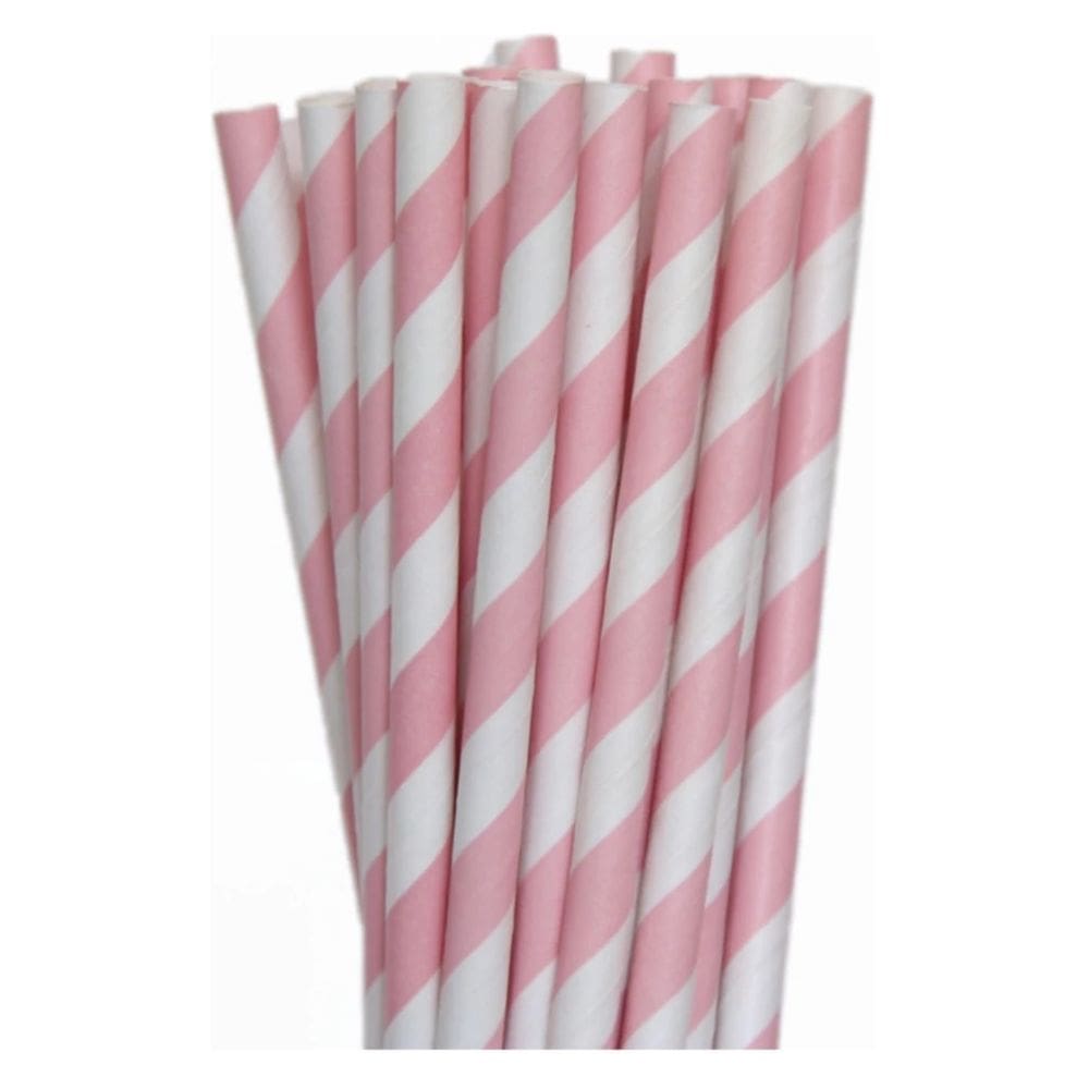 100 Unidades Canudo de Papel Descartável Biodegradável Listrado Rosa - Para Drinks Topo De Bolo Bebidas Meio Ambiente 15cm