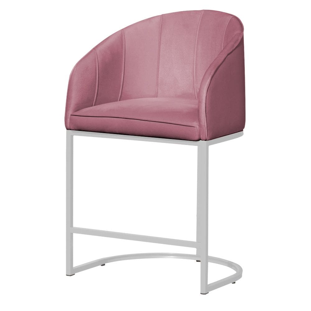 Poltrona Cadeira Banqueta Mia Base Branca Veludo Rosa - Montanaris Decor