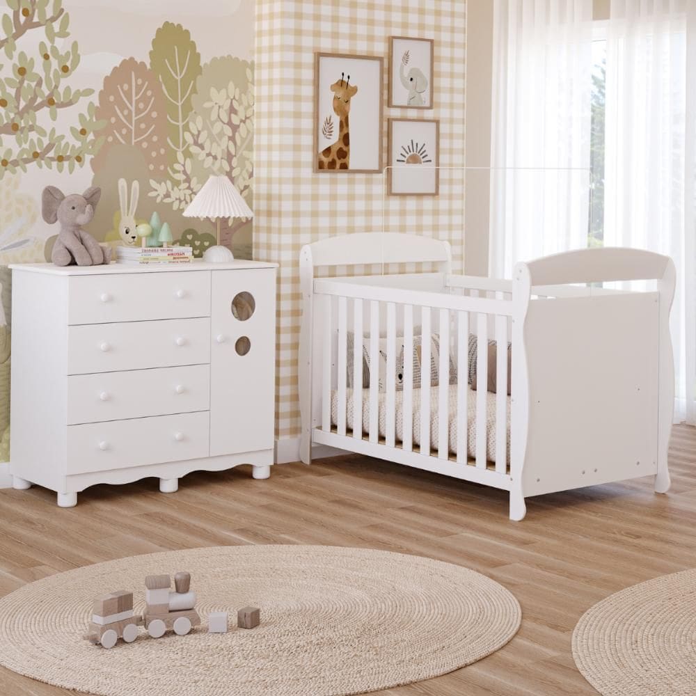 Quarto Bebê Completo Berço Americano Marquesa 3Em1 Cômoda Bolinha 4 Gavetas 1 Porta 100% MDF Peroba