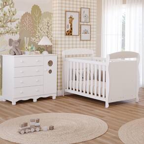 Quarto Bebê Completo Berço Americano Marquesa 3Em1 Cômoda Bolinha 4 Gavetas 1 Porta 100% MDF Peroba