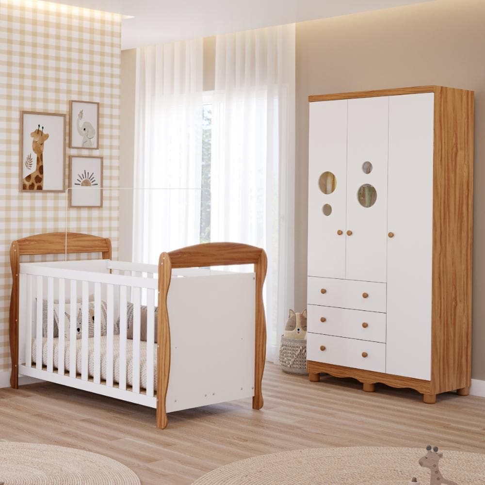 Quarto Bebê Completo Berço Americano Marquesa 3Em1 Guarda Roupa Bolinha 3 Portas 3 Gavetas 100% MDF