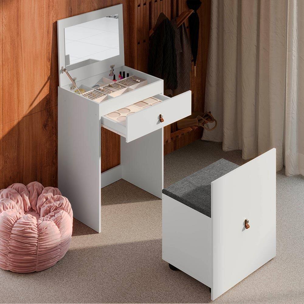 Penteadeira Cômoda Telasul Versa Home com Espelho e Banqueta Branco - Telasul