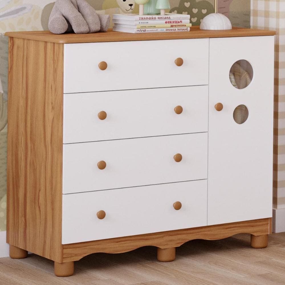 Cômoda Bolinha 1Porta Branco / Branco Carvalho Peroba
