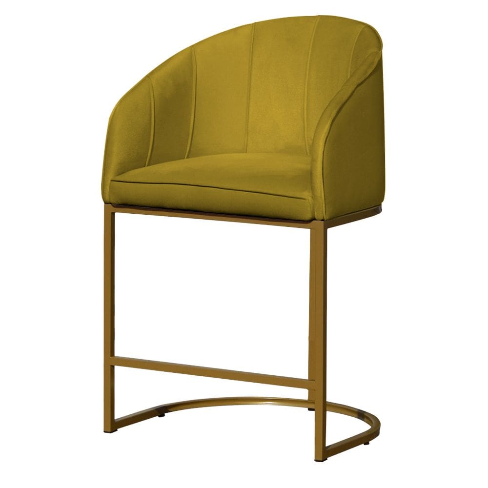 Poltrona Cadeira Banqueta Mia Base Dourada Veludo Amarelo - Montanaris Decor
