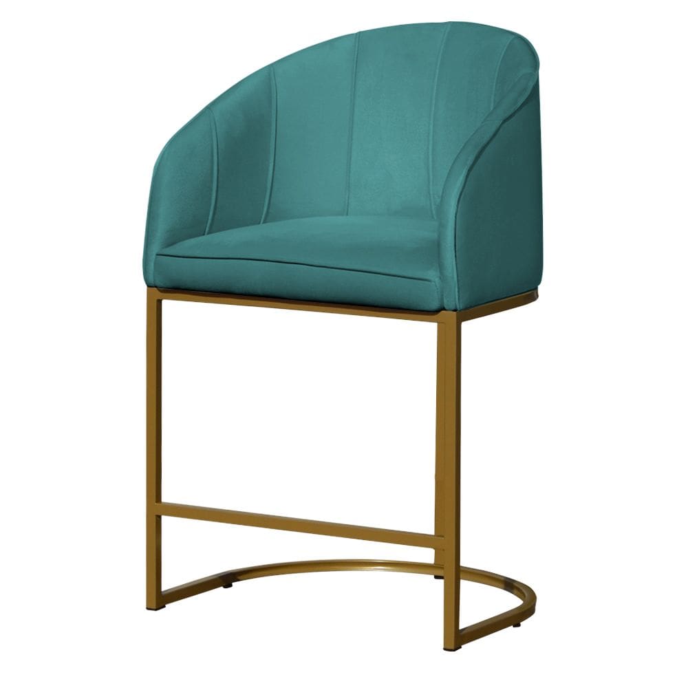 Poltrona Cadeira Banqueta Mia Base Dourada Veludo Azul Turquesa - Montanaris Decor