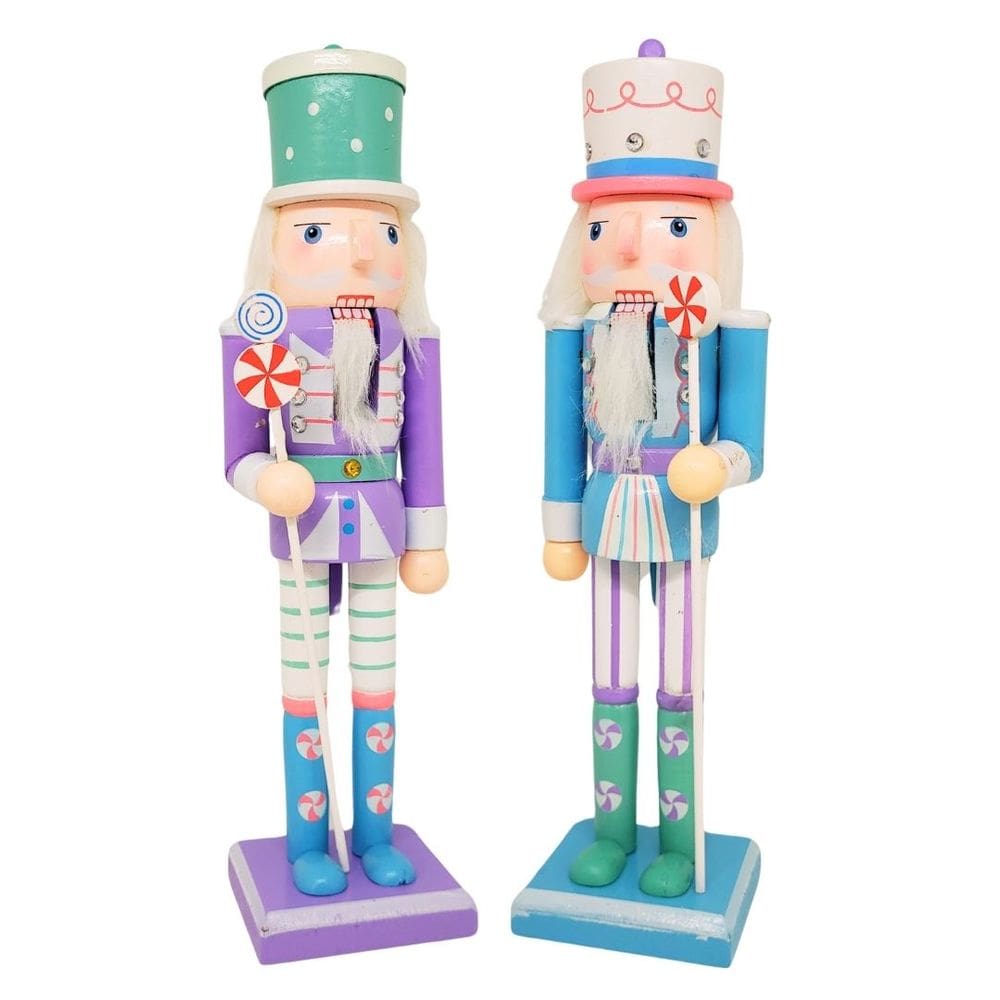 Jogo 2 Bonecos Quebra Nozes Decorado Madeira Candy Color 30cm Boca Articulada - Master Christmas