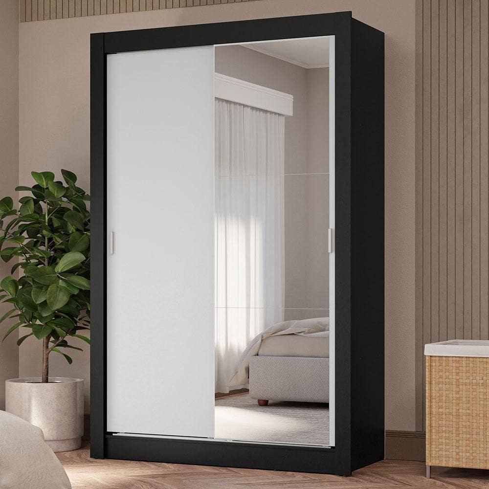 Guarda-roupa Solteiro 2 Portas Correr 4 Gavetas Preto/Branco