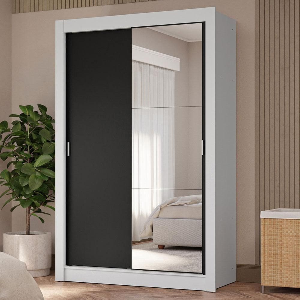 Guarda-roupa Solteiro 2 Portas Correr 4 Gavetas Branco/Preto