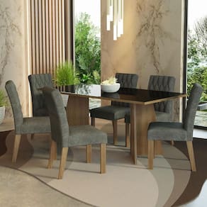 Conjunto Sala Jantar Mesa Vidro 6 Cadeiras Rustic-preto