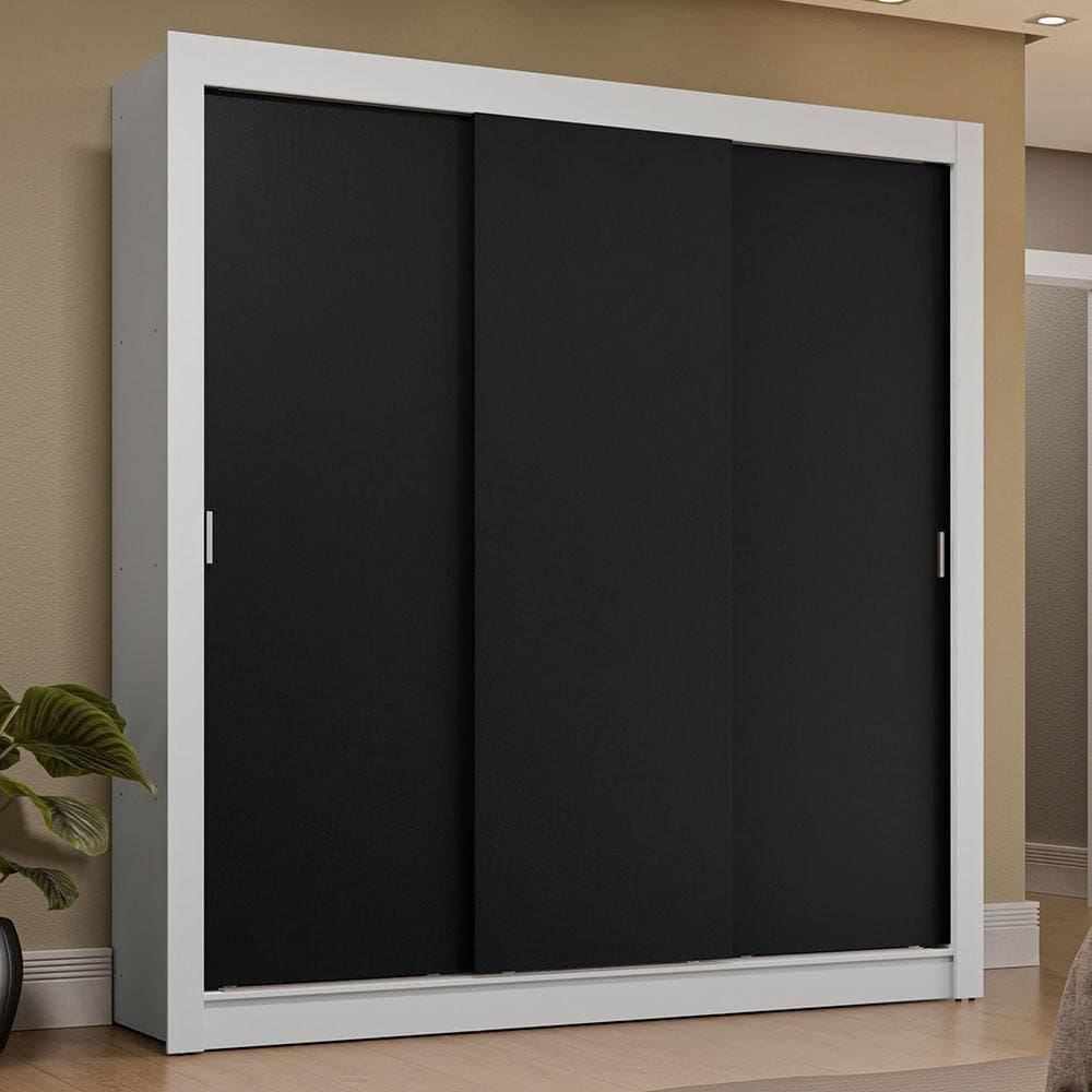 Guarda-Roupa Casal 3 Portas Correr Branco/Preto