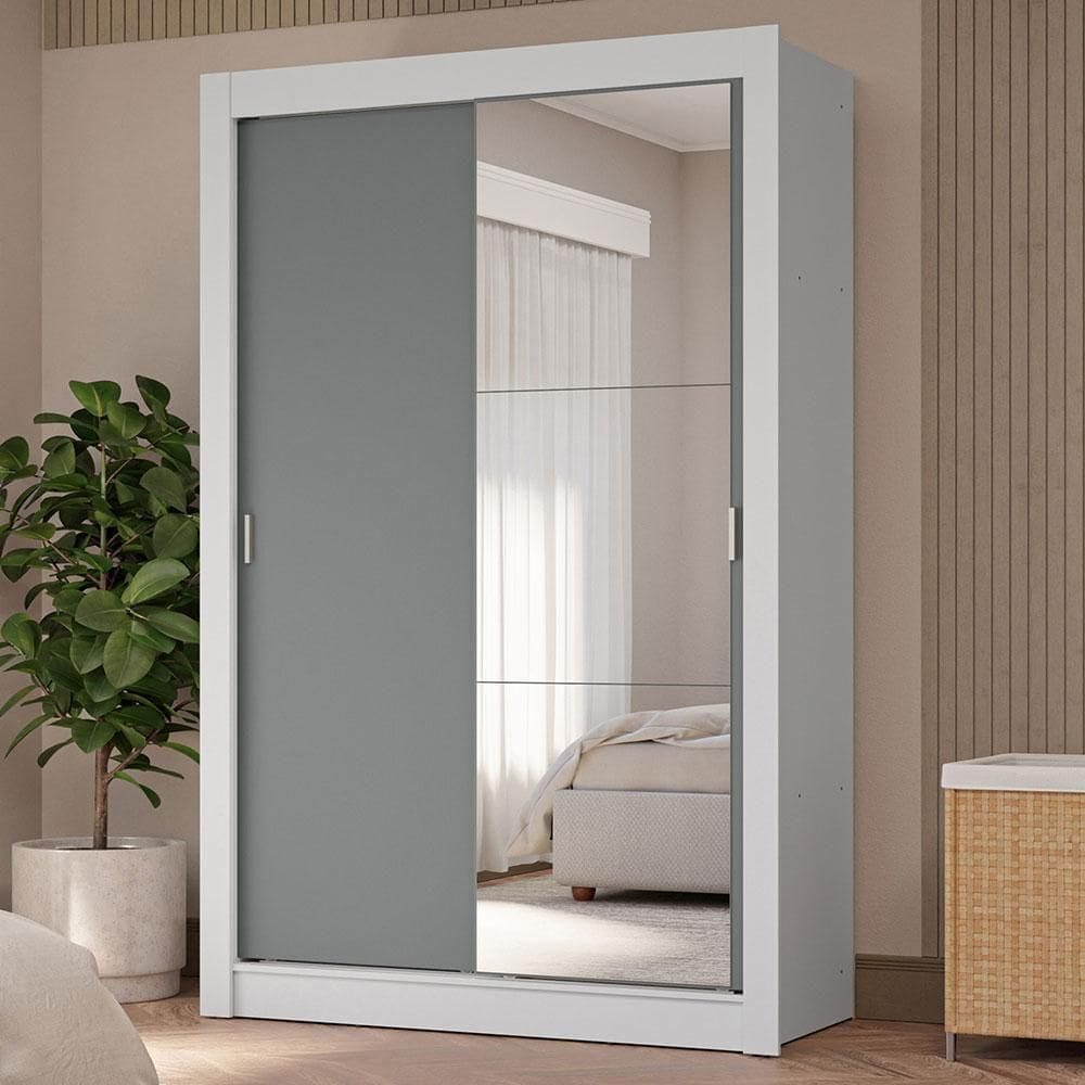 Guarda-roupa Solteiro 2 Portas Correr 4 Gavetas Branco/Cinza