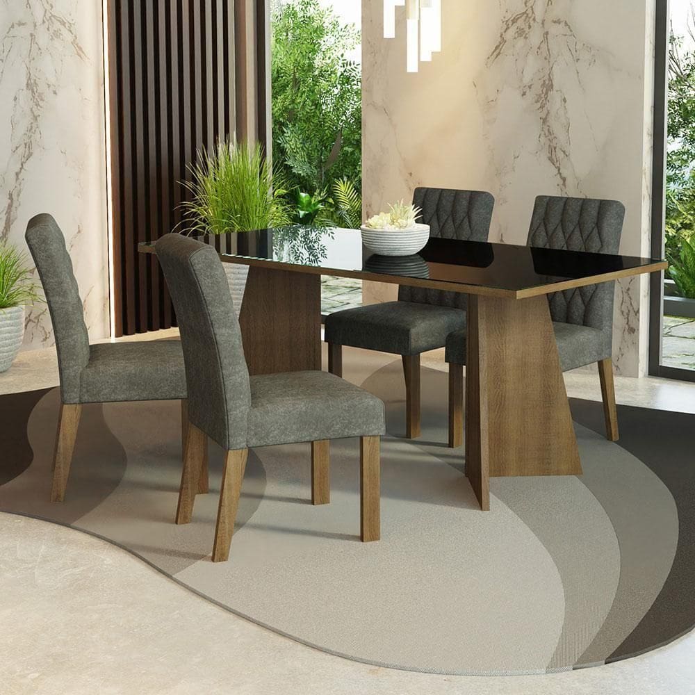 Conjunto Sala Jantar Mesa Vidro 4 Cadeiras Rustic