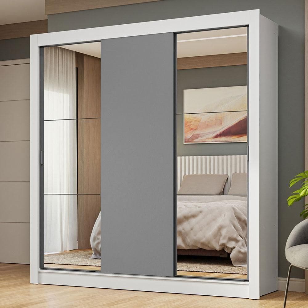 Guarda-roupa Casal 3 Portas Correr Espelhos Branco/cinza