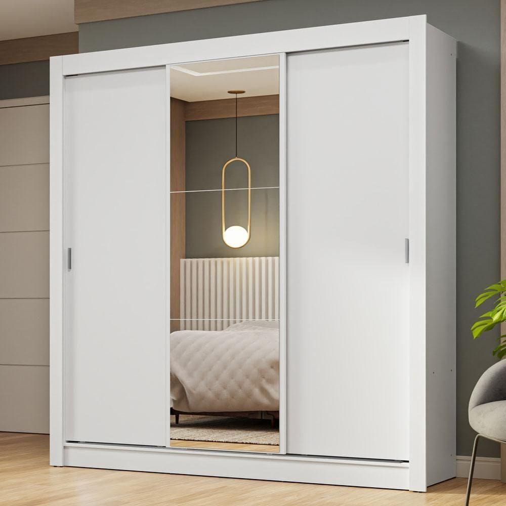 Guarda-roupa Casal 3 Portas Correr Espelho Branco Nobre