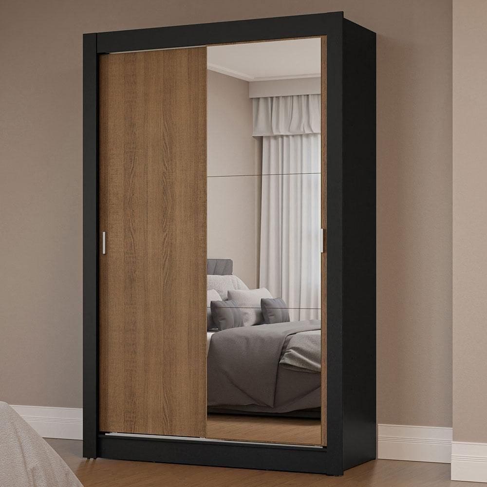 Guarda-roupa Solteiro 2 Portas Correr Espelho Preto/rustic