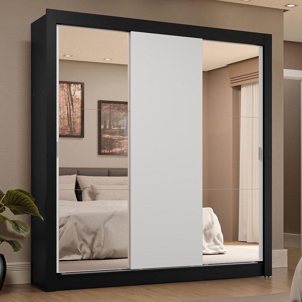 Guarda-roupa Casal 3 Portas Correr 4 Gavetas Preto/Branco