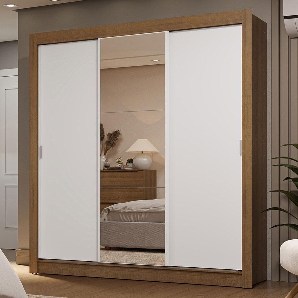 Guarda-roupa Casal 3 Portas Correr 2 Gavetas Rústico/Branco