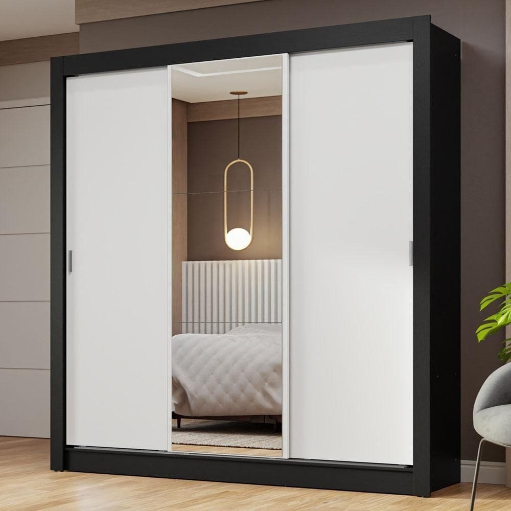 Guarda-roupa Casal 3 Portas Correr Espelho Preto/branco