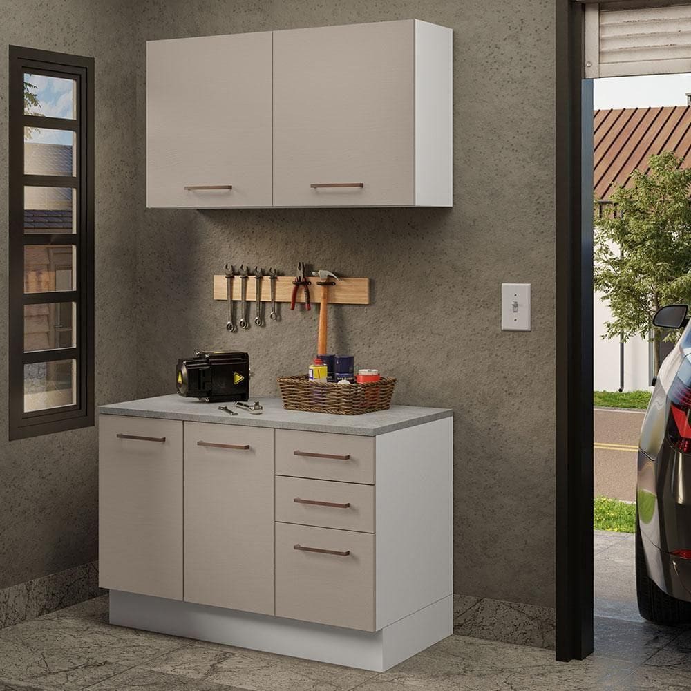 Kit Balcão E Armário Aéreo 120cm Branco/Crema