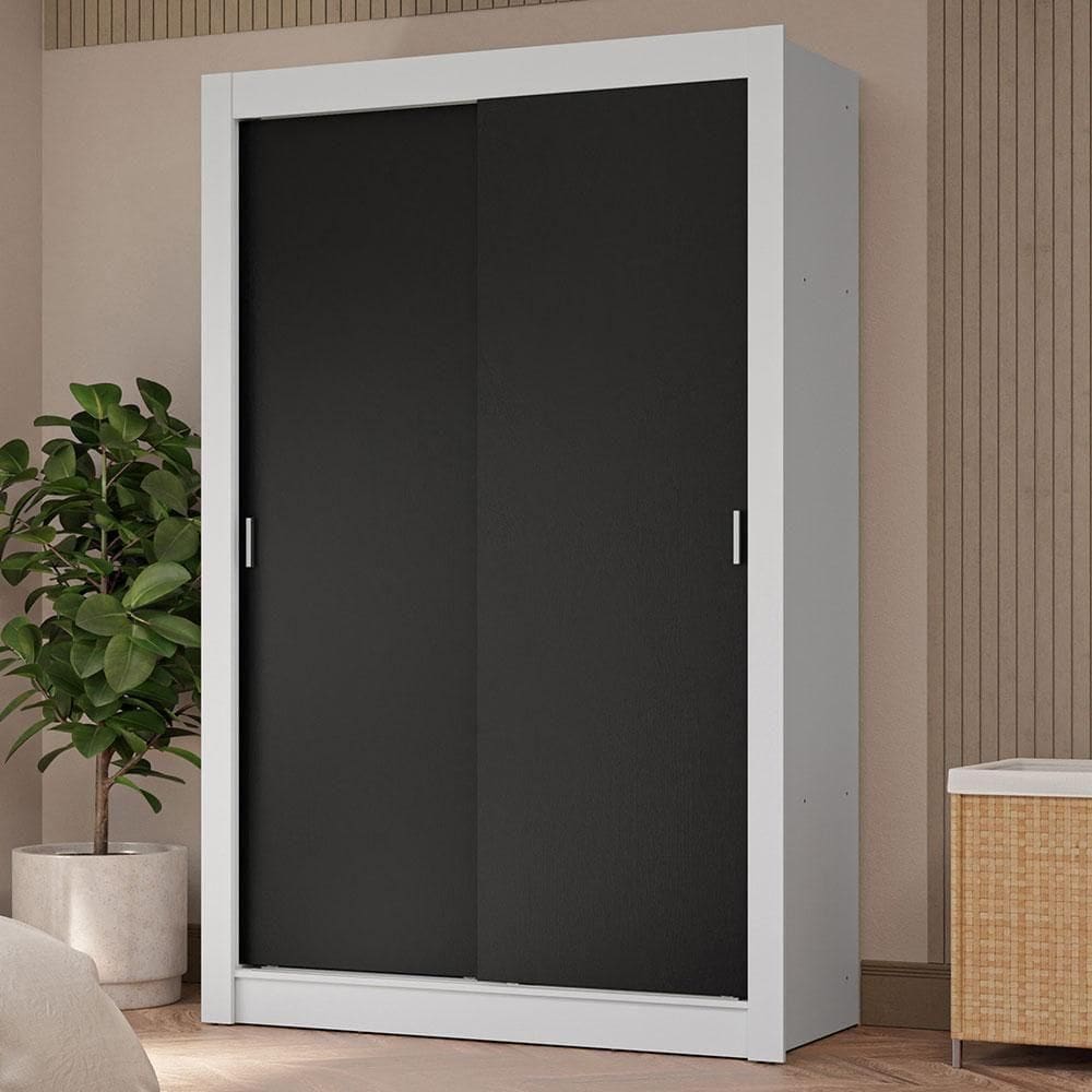Guarda-roupa Solteiro 2 Portas Correr 4 Gavetas Branco/Preto