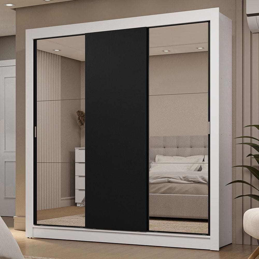Guarda-roupa Casal 3 Portas Correr 2 Gavetas Branco/Preto