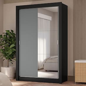 Guarda-roupa Solteiro 2 Portas Correr 4 Gavetas Preto/Cinza