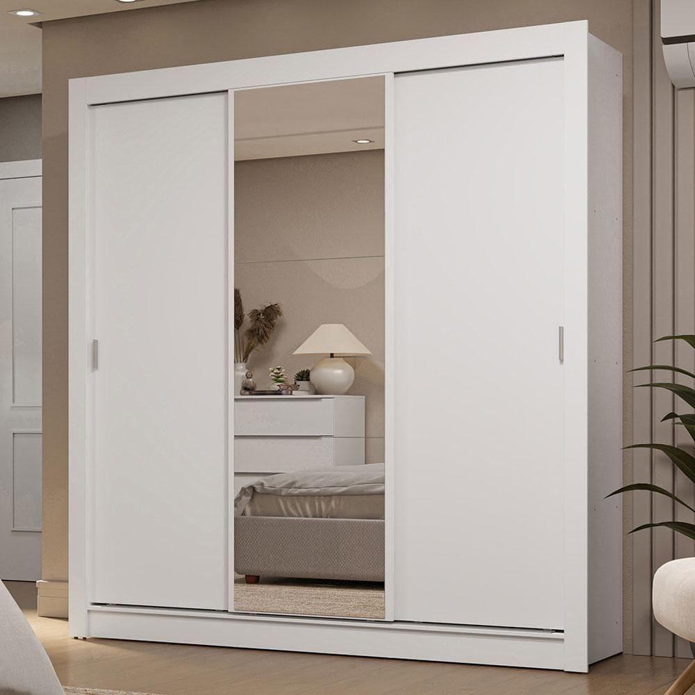 Guarda-roupa Casal 3 Portas Correr Espelho 2 Gavetas Branco