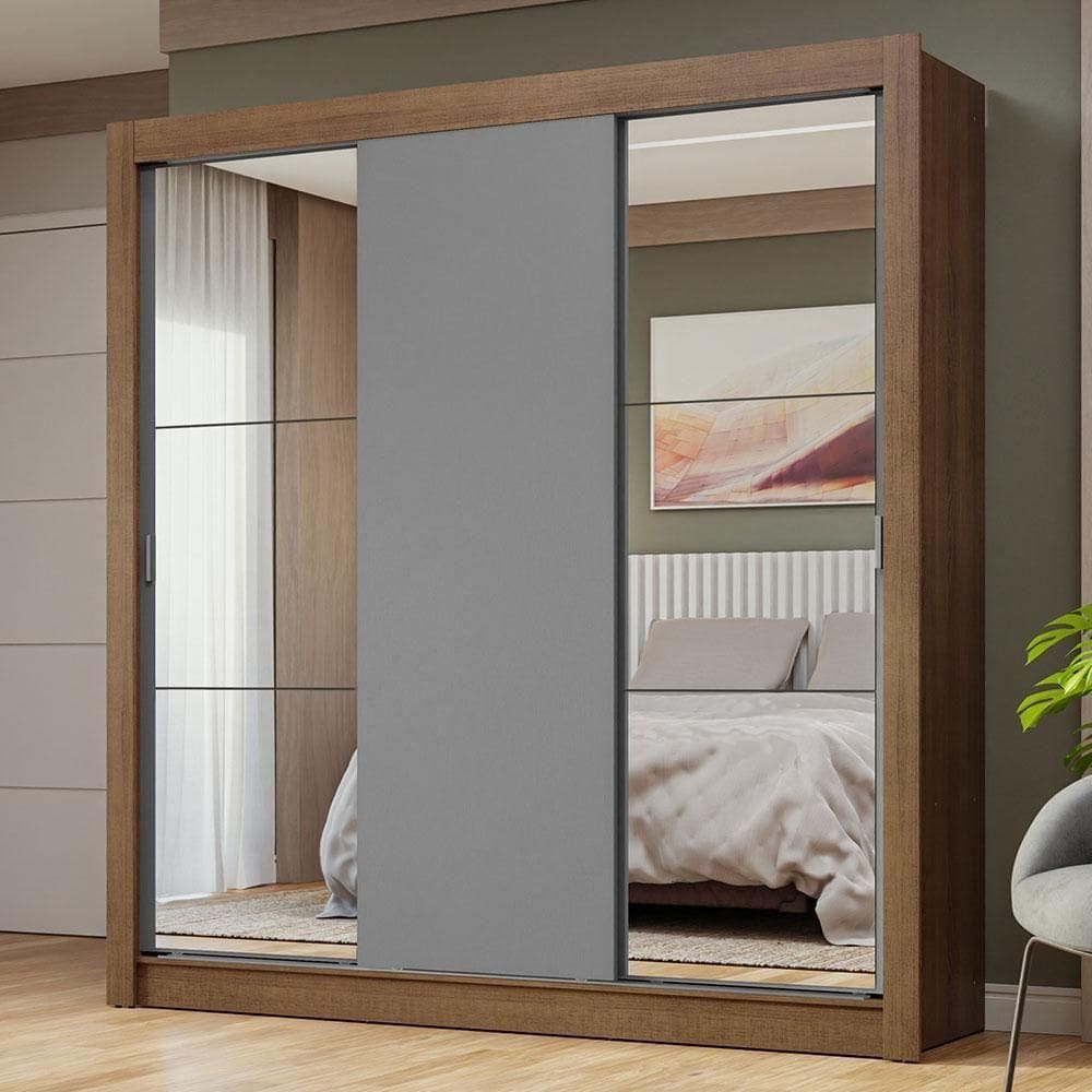 Guarda-roupa Casal 3 Portas Correr Espelhos Rustic/cinza