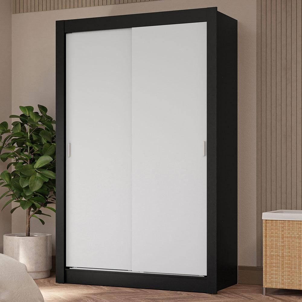 Guarda-roupa Solteiro 2 Portas Correr 4 Gavetas Preto/Branco