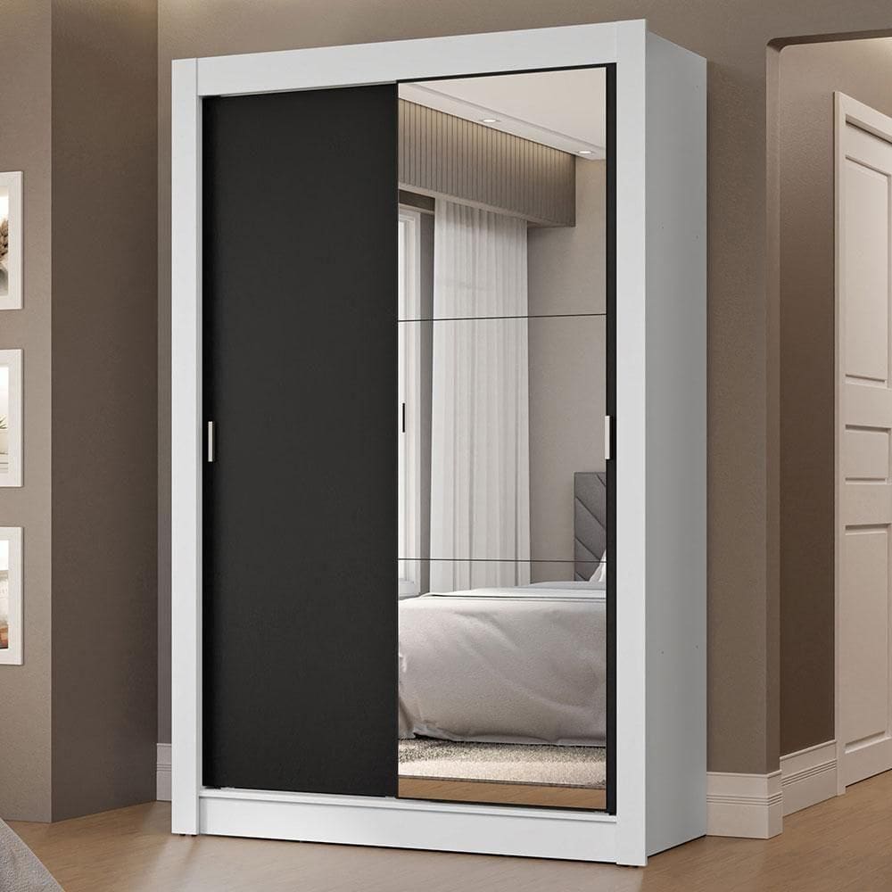 Guarda-roupa Solteiro 2 Portas Correr 2 Gavetas Branco/Preto