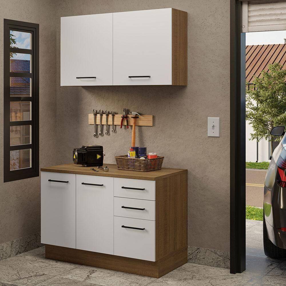 Kit Balcão E Armário Aéreo Multiuso 120cm Rustic/branco
