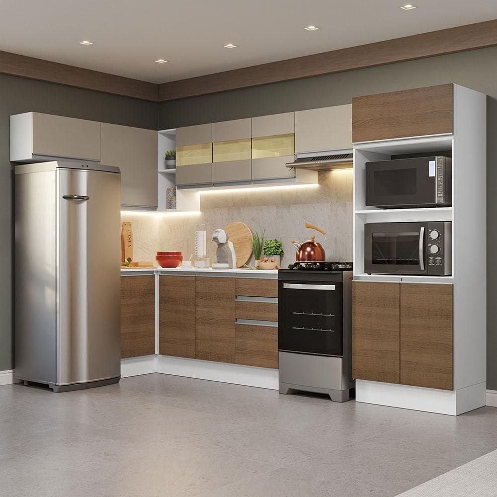 Armário Cozinha Completo 100% MDF 447cm Branco/Rústico/Crema