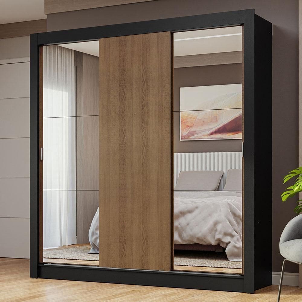 Guarda-roupa Casal 3 Portas Correr Espelhos Preto/rustic