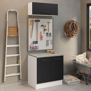 Kit Balcão E Armário Aéreo 80cm Branco/Preto