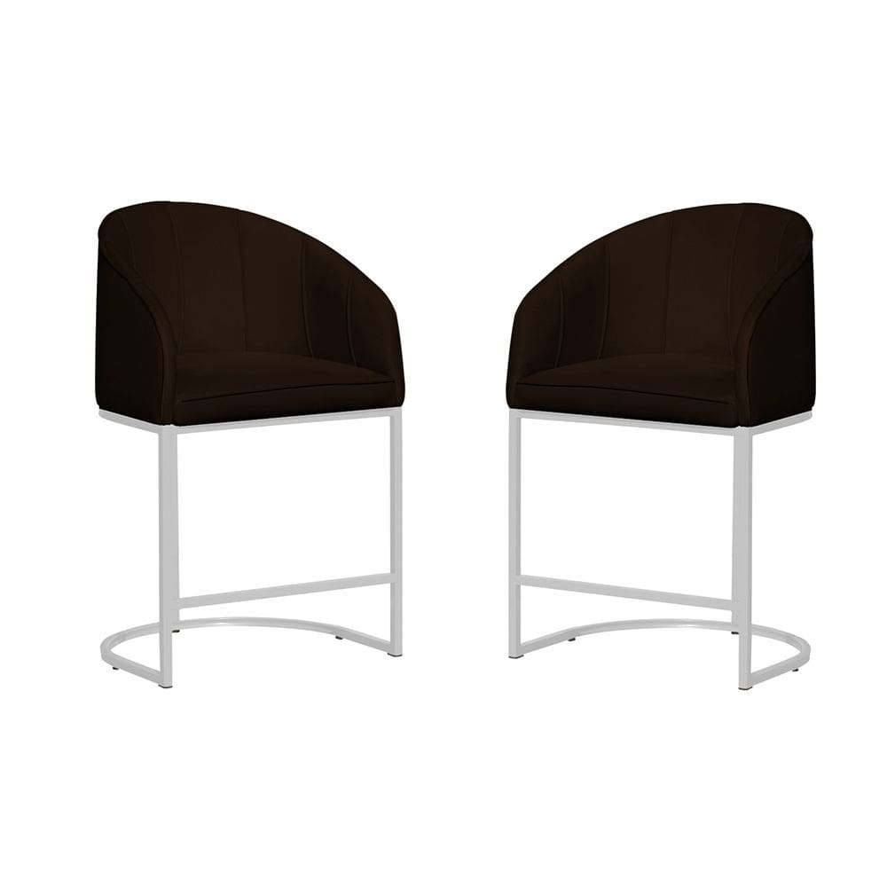 Kit 02 Poltronas Cadeira Banqueta Mia Base Branca Veludo Marrom - Montanaris Decor