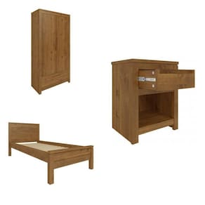 Dormitório Solteiro Cama Mesa de Cabeceira e Guarda Roupa Madma P&C ArteMobili Garapa