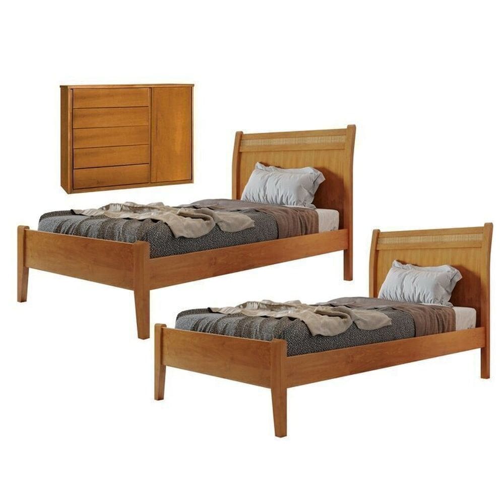 Conjunto Quarto de Solteiro 2 Camas de 90cm e Cômoda 5 Gavetas 1 Porta com Sapateira Unique Amêndoa Mel