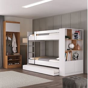 Quarto Juvenil Completo com Treliche e Sapateira Porto Espresso Móveis Branco/Nogal