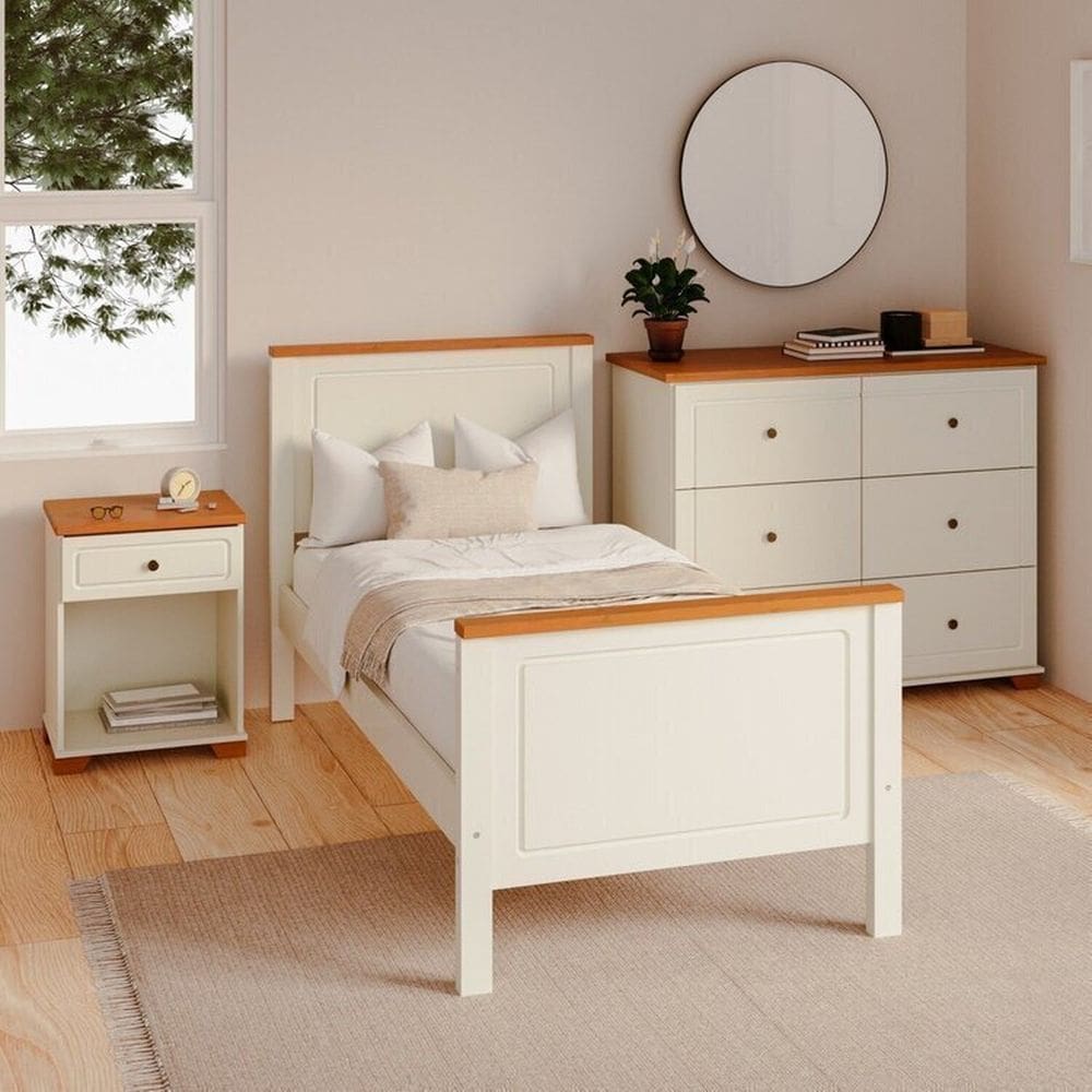 Conjunto Dormitório 1 Cama Solteiro 1 Mesa de Cabeceira 1 Cômoda Ananda CabeCasaMadeiraMadeira Imbuia/Offwhite