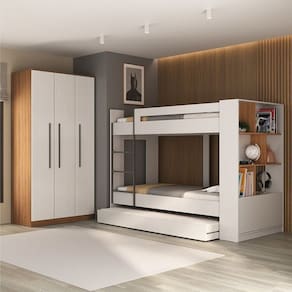Quarto Juvenil Completo com Beliche e Guarda Roupa Nápoles Espresso Móveis Branco/Nogal