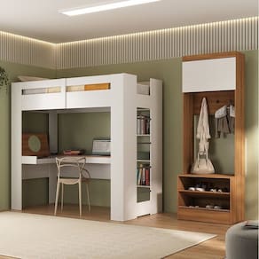 Quarto Juvenil Completo com Beliche e Sapateira Addis Espresso Móveis Branco/Nogal