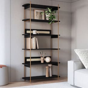 Estante 180 Cm 6 Prateleiras Palhinha Pé Metal Dourado Nero Nero/Dourado