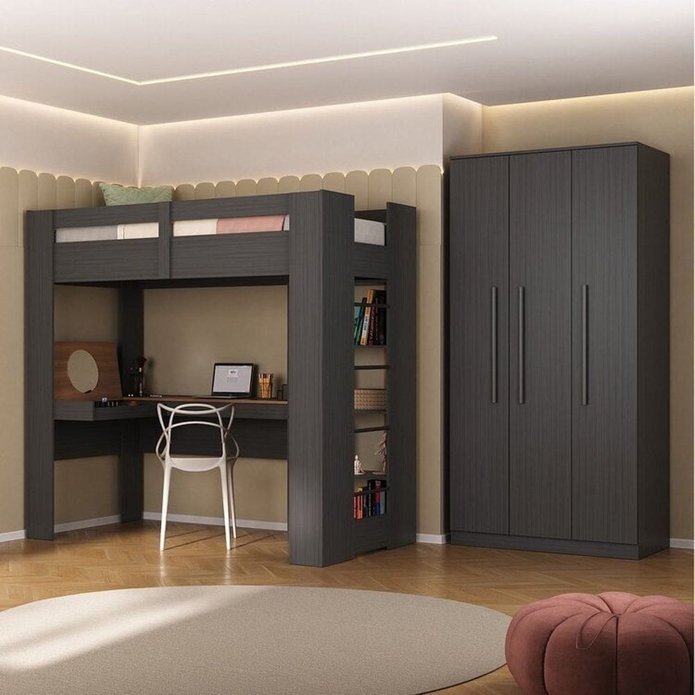 Quarto Juvenil Completo com Beliche e Sapateira Seul Espresso Móveis Grafite/Nogal