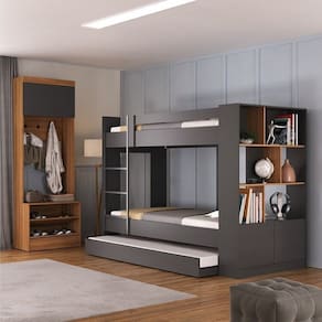 Quarto Juvenil Completo com Treliche e Sapateira Porto Espresso Móveis Grafite/Nogal