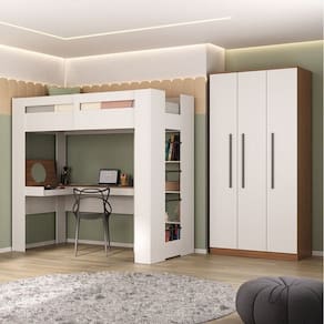 Quarto Juvenil Completo com Beliche e Sapateira Seul Espresso Móveis Branco/Nogal