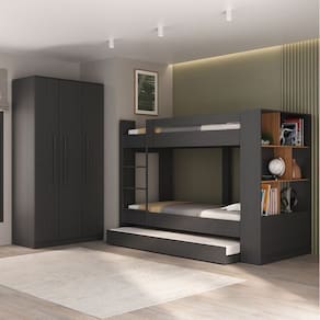 Quarto Juvenil Completo com Beliche e Guarda Roupa Nápoles Espresso Móveis Grafite/Nogal