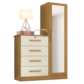 Cômoda Belize 4 Gavetas 1 Porta com Espelho Albatroz Cor Carvalho Off White
