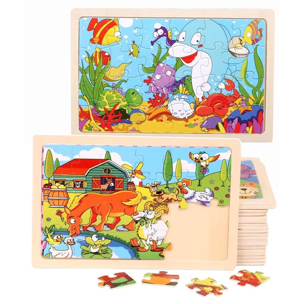 Kit 2 Quebra-Cabeça de Madeira Reino Animais 24 Peças Brinquedo Educativo e Pedagógico