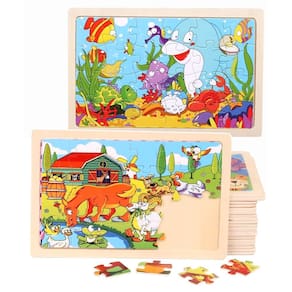 Kit 2 Quebra-Cabeça de Madeira Reino Animais 24 Peças Brinquedo Educativo e Pedagógico